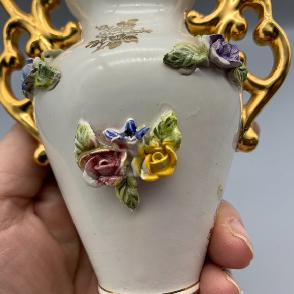 Vintage Elpa Alcobaca Gold Trimmed Floral Bud Vase Made in Portugal 6" High - Picture 13 of 13